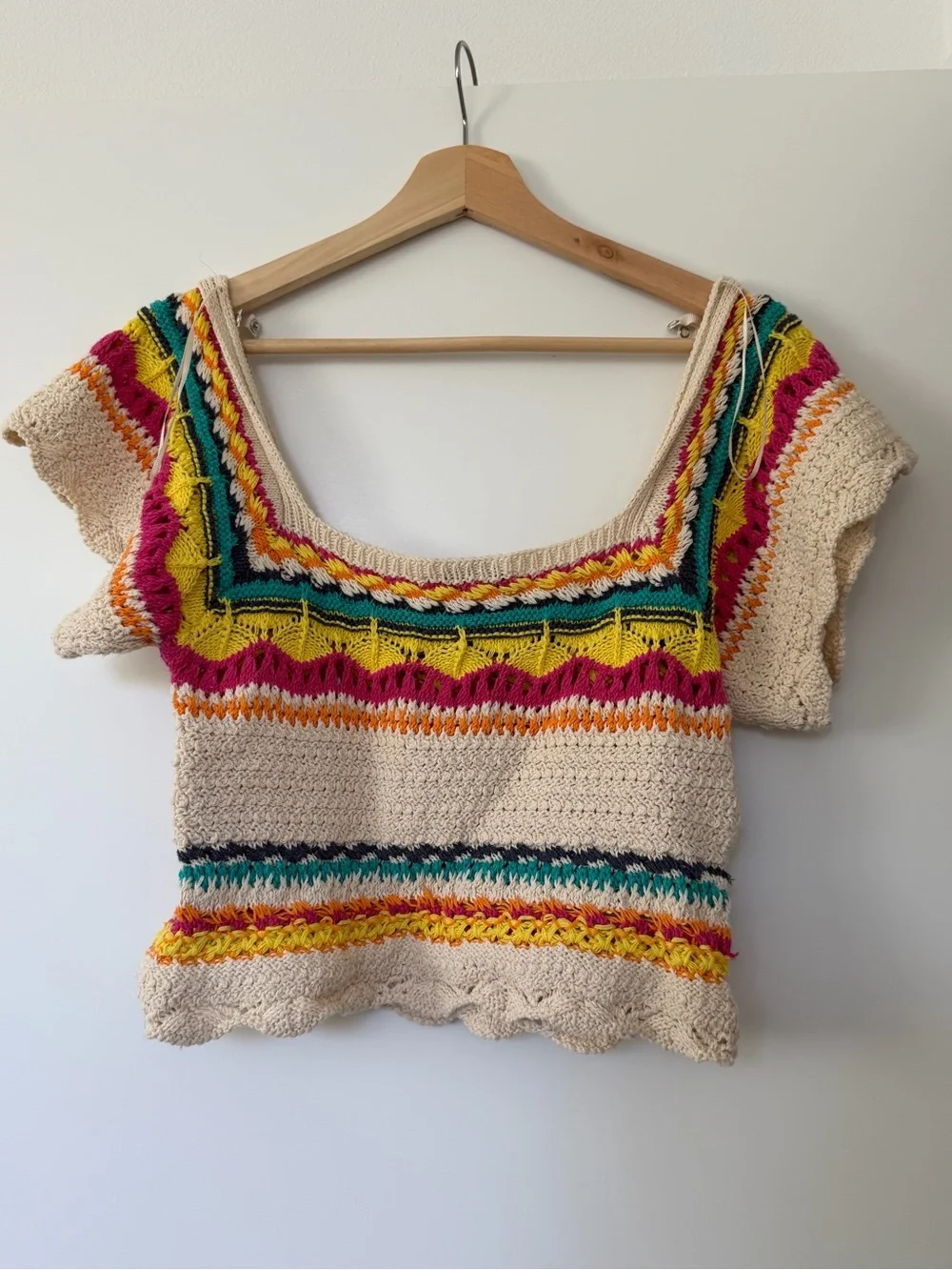 Zara Cream Crochet Scoop Neck Top with Yellow, Pink, Teal & Orange Accents
